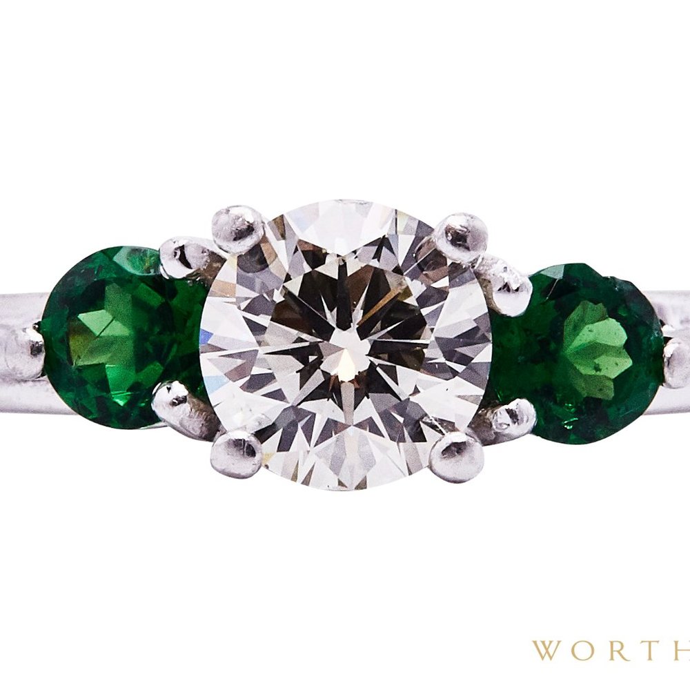 Custom 3-stone 1.02ct Diamond and 0.45cttw Green Garnet Ring